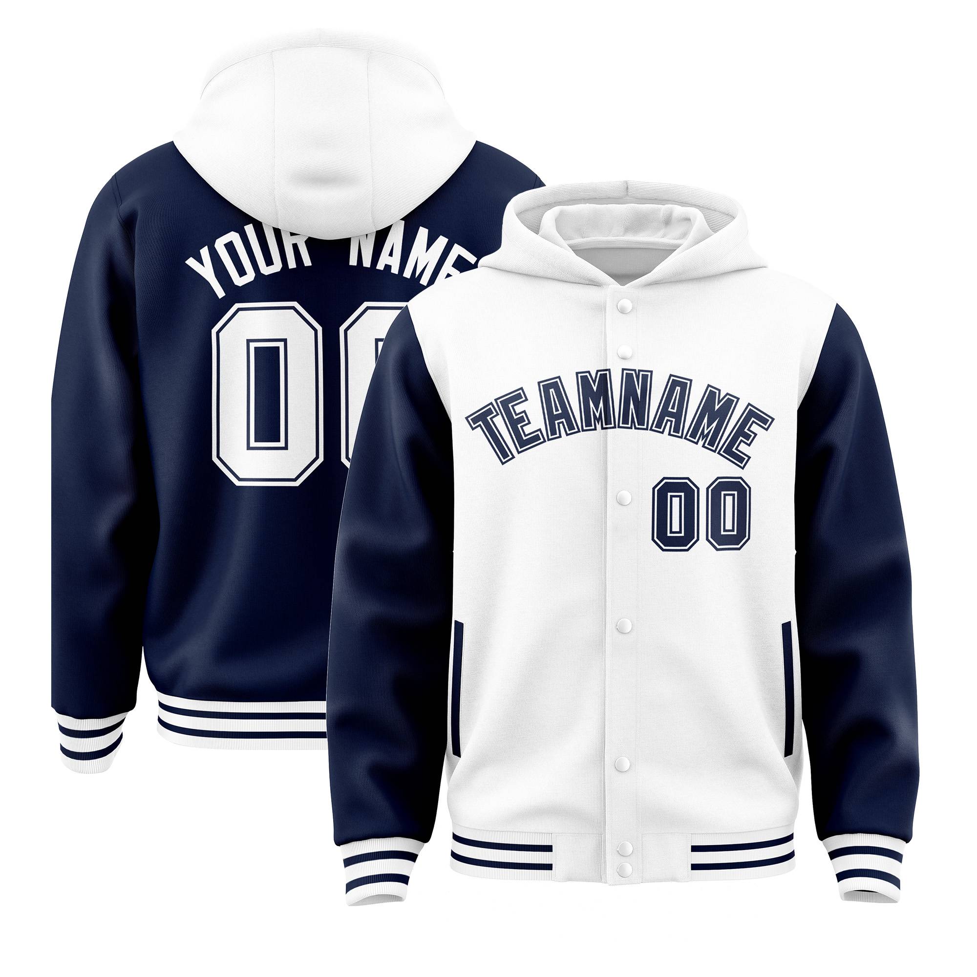 Custom White Navy Raglan Sleeves Varsity Full-Snap Letterman Two Tone Hoodie Jacket