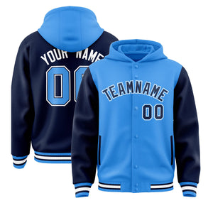 Custom Powder Blue Navy Raglan Sleeves Varsity Full-Snap Letterman Two Tone Hoodie Jacket