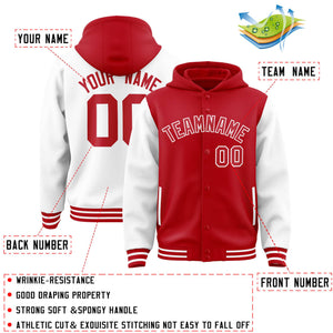 Custom Red White Raglan Sleeves Varsity Full-Snap Letterman Two Tone Hoodie Jacket