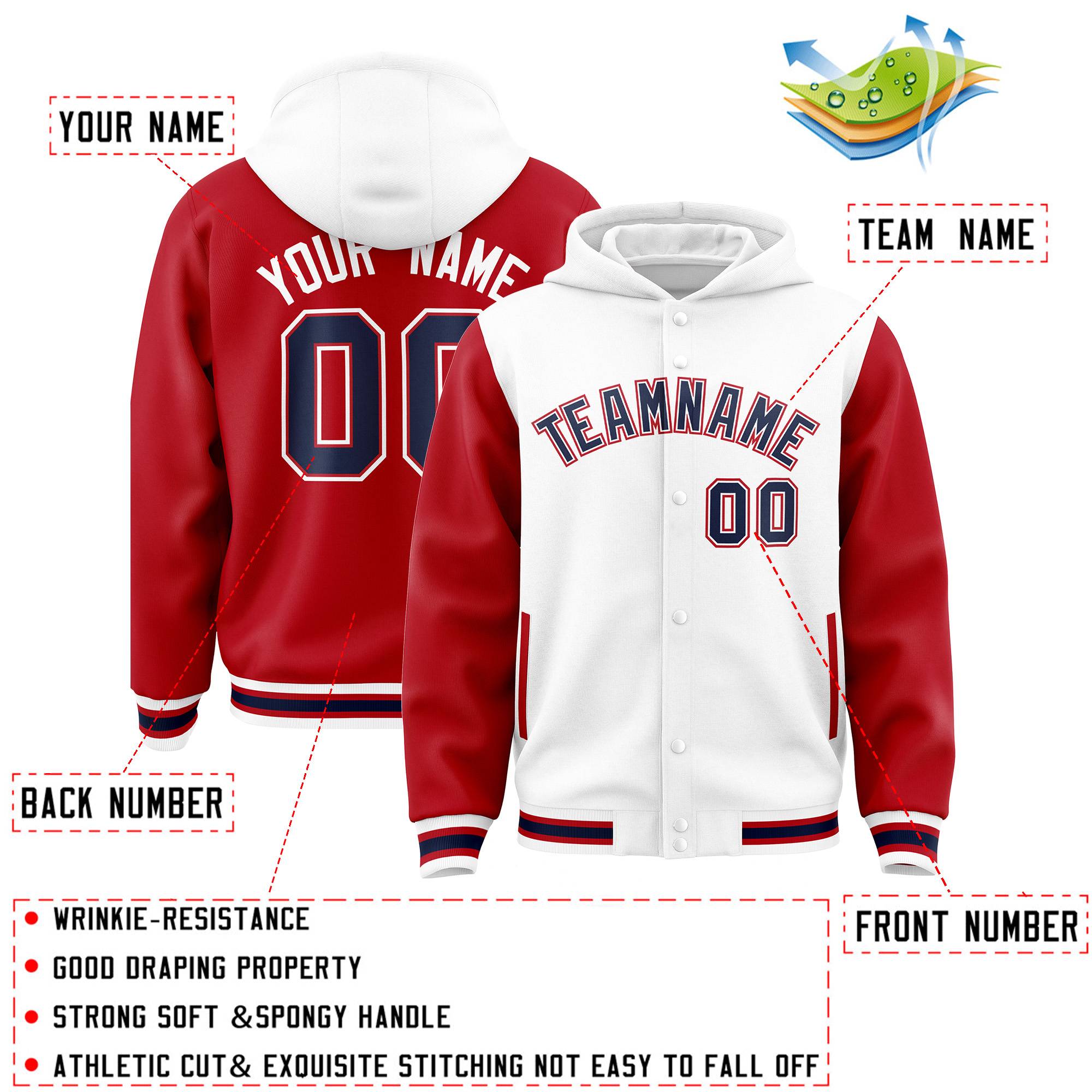 Custom White Red Raglan Sleeves Varsity Full-Snap Letterman Two Tone Hoodie Jacket