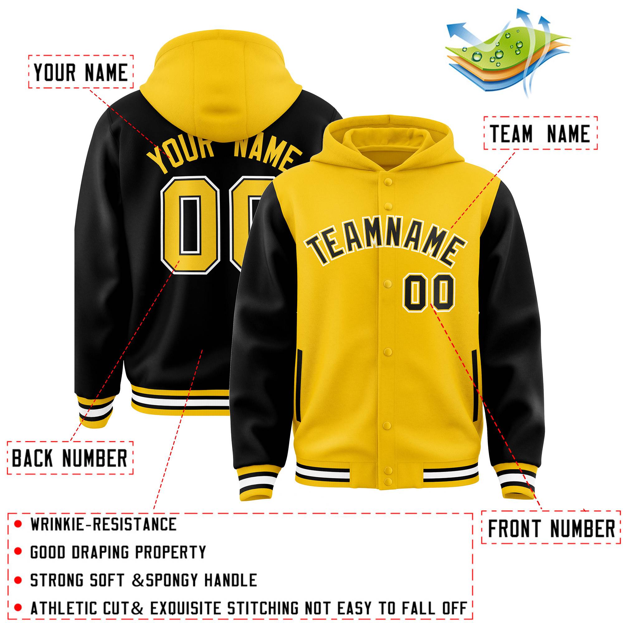 Custom Gold Black Raglan Sleeves Varsity Full-Snap Letterman Two Tone Hoodie Jacket