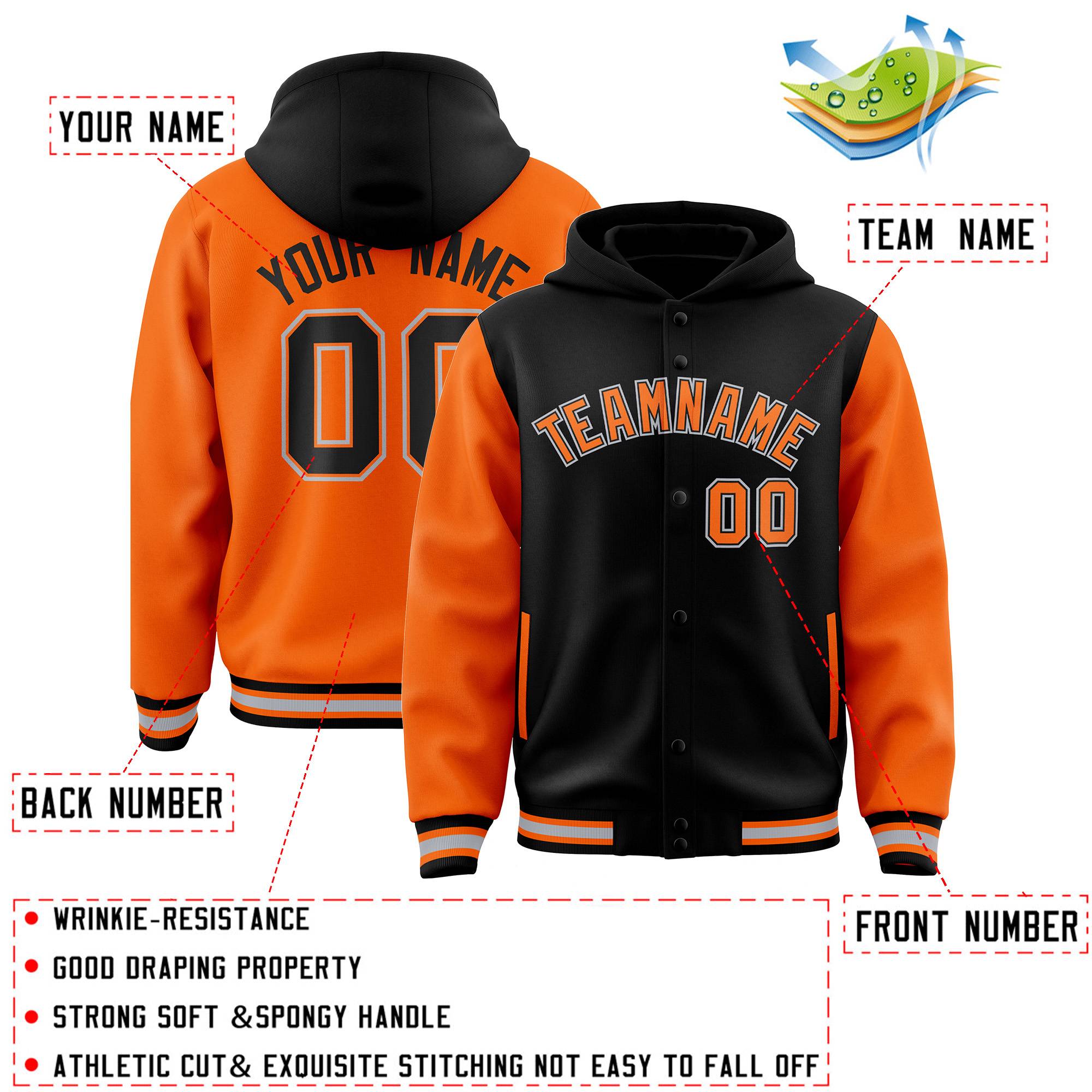 Custom Black Orange Raglan Sleeves Varsity Full-Snap Letterman Two Tone Hoodie Jacket