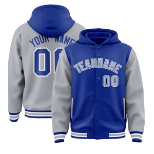 Custom Royal Gray Raglan Sleeves Varsity Full-Snap Letterman Two Tone Hoodie Jacket