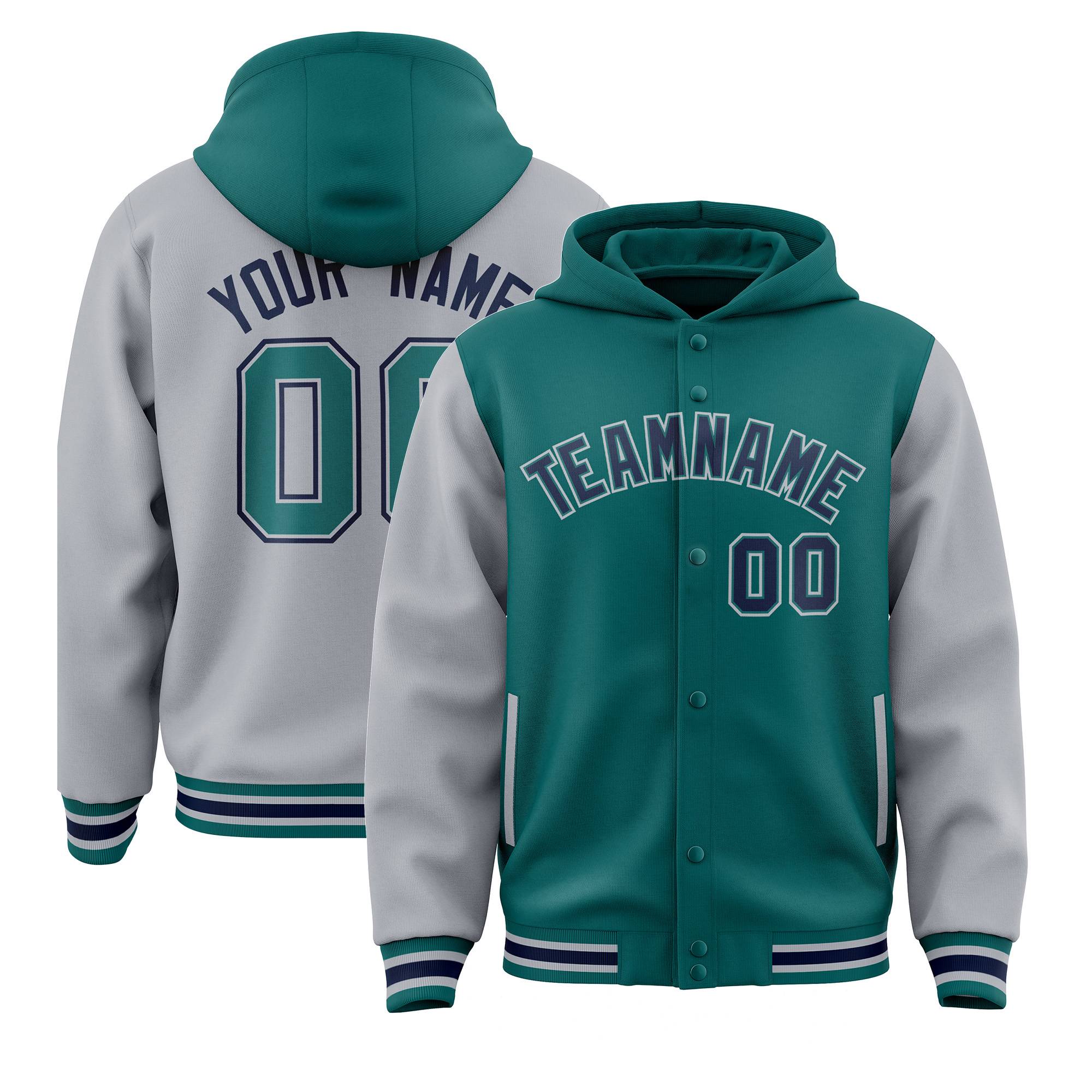 Custom Aqua Gray Raglan Sleeves Varsity Full-Snap Letterman Two Tone Hoodie Jacket