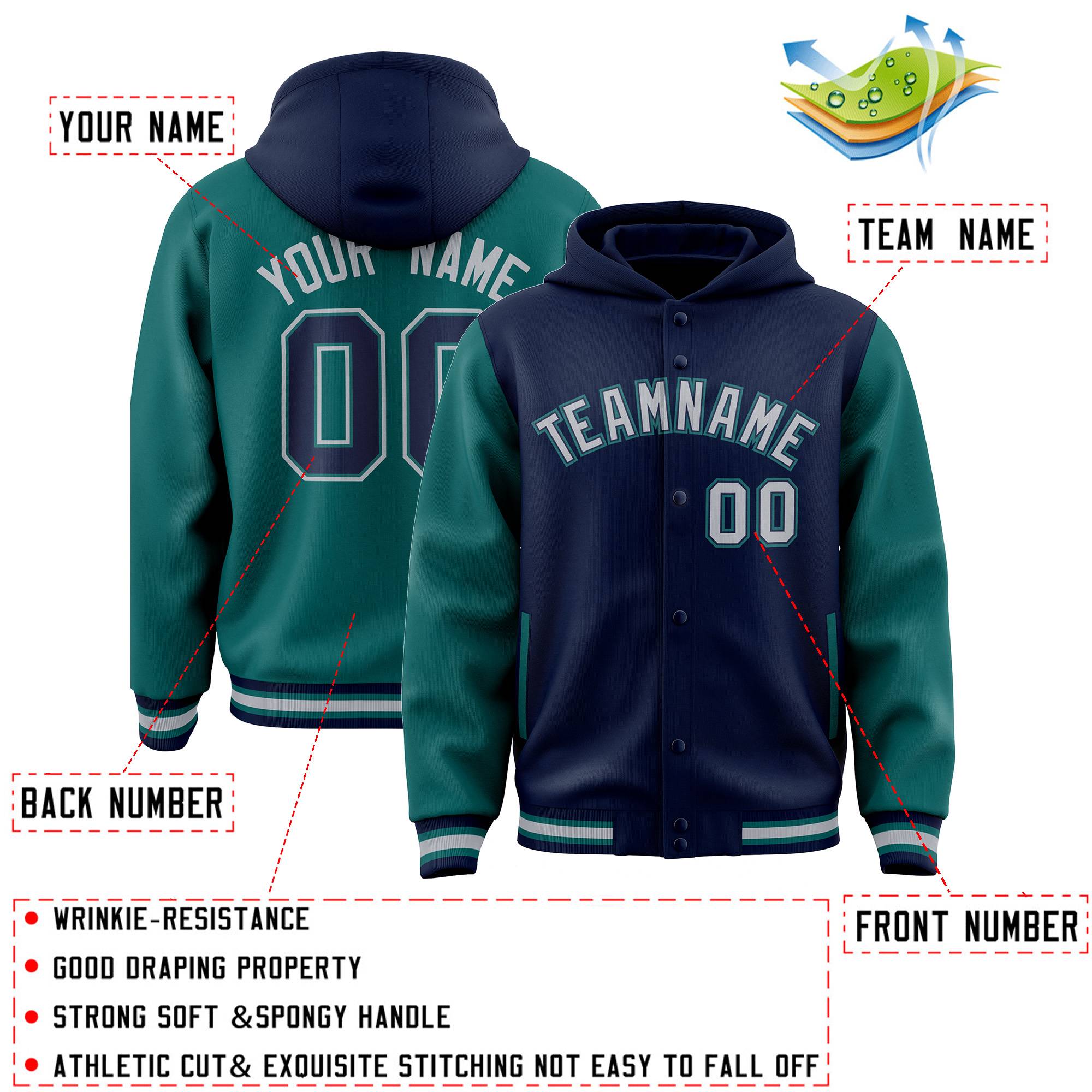 Custom Navy Aqua Raglan Sleeves Varsity Full-Snap Letterman Two Tone Hoodie Jacket