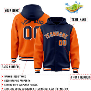 Custom Navy Orange Raglan Sleeves Varsity Full-Snap Letterman Two Tone Hoodie Jacket