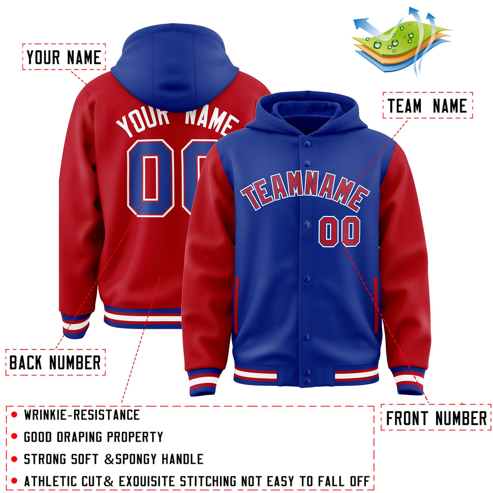 Custom Royal Red Raglan Sleeves Varsity Full-Snap Letterman Two Tone Hoodie Jacket