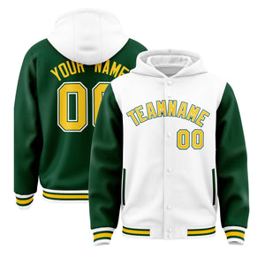 Custom White Green Raglan Sleeves Varsity Full-Snap Letterman Two Tone Hoodie Jacket