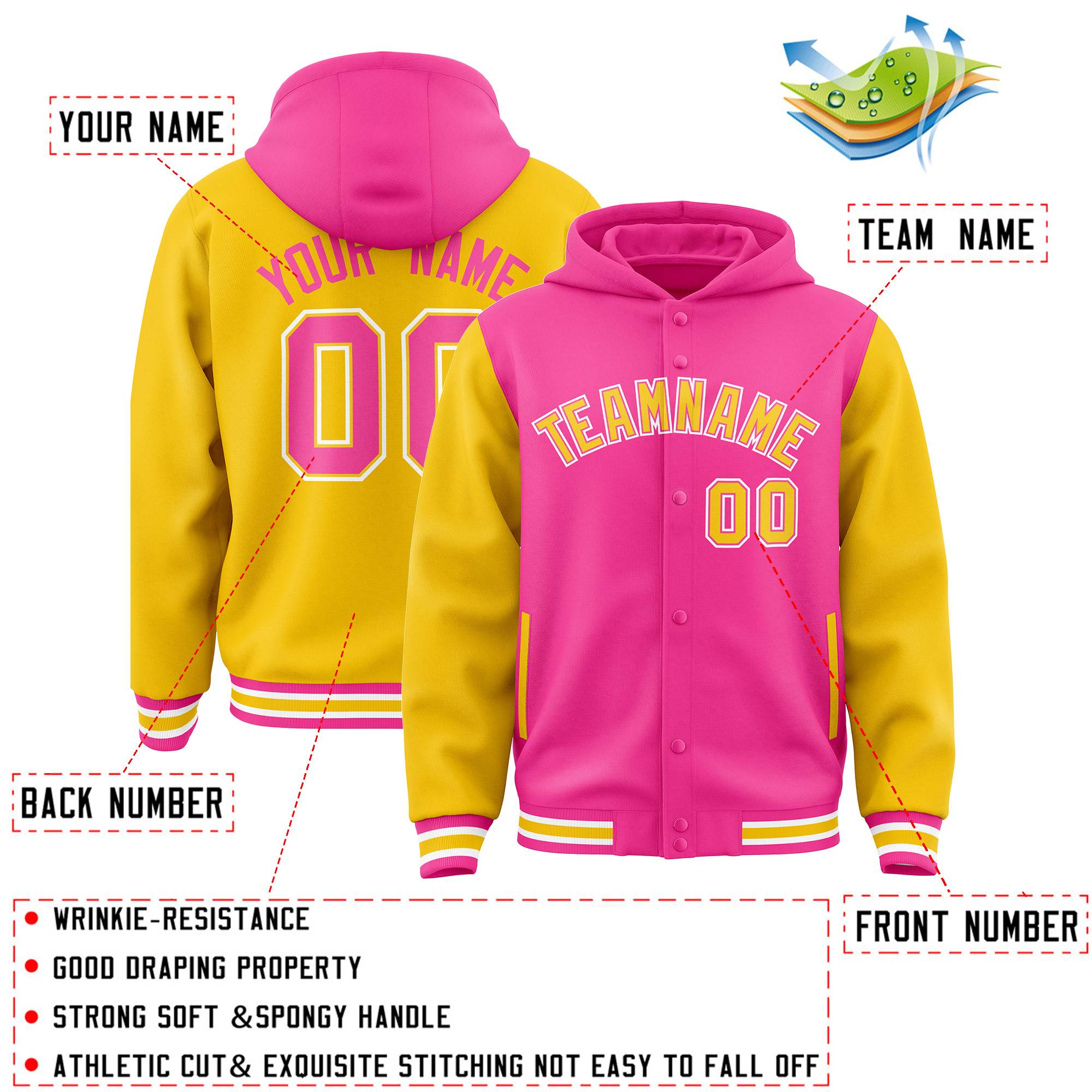 Custom Pink Gold Raglan Sleeves Varsity Full-Snap Letterman Two Tone Hoodie Jacket