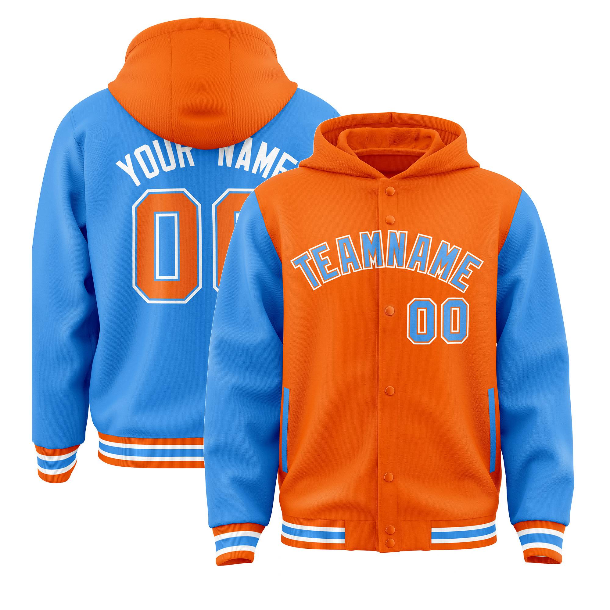 Custom Orange Powder Blue Raglan Sleeves Varsity Full-Snap Letterman Two Tone Hoodie Jacket