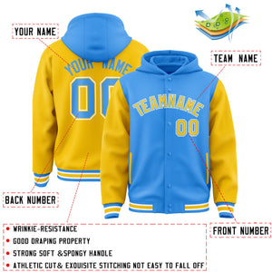 Custom Powder Blue Gold Raglan Sleeves Varsity Full-Snap Letterman Two Tone Hoodie Jacket