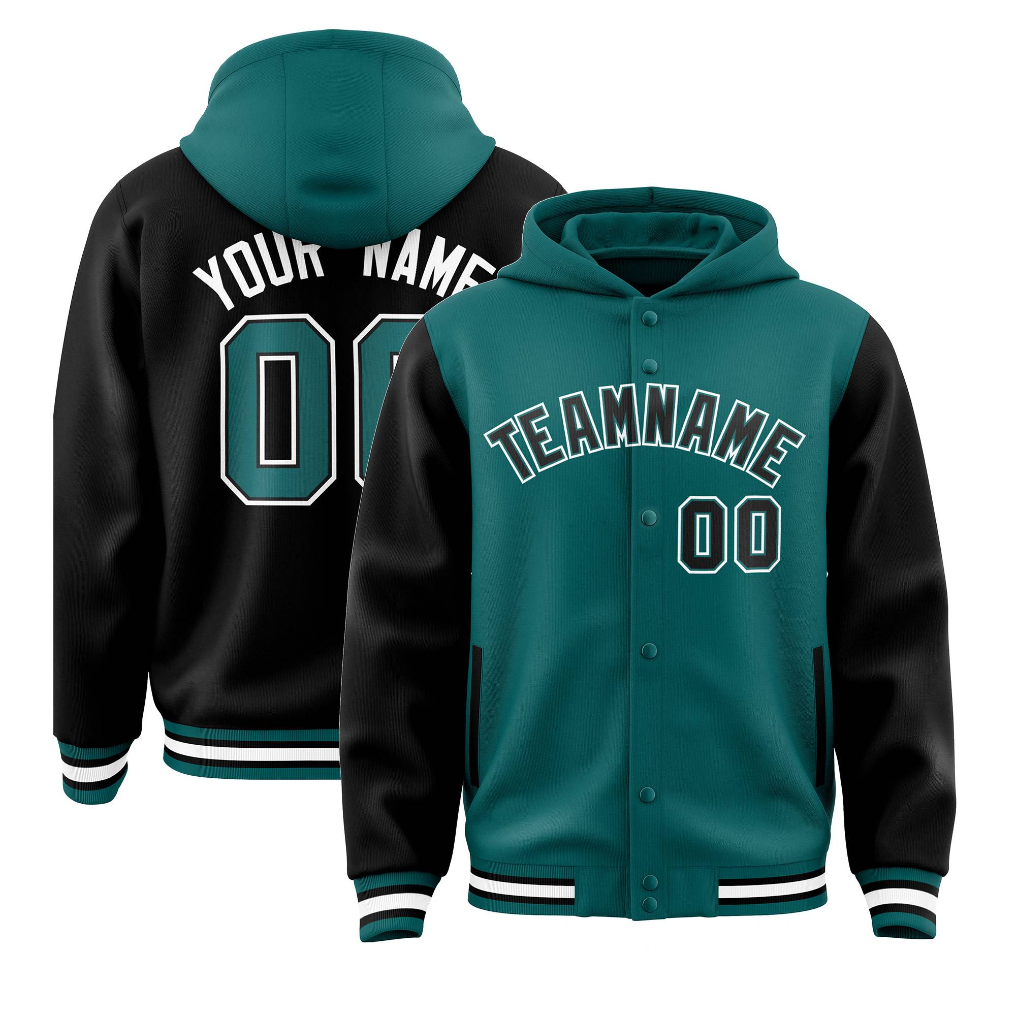 Custom Aqua Black Raglan Sleeves Varsity Full-Snap Letterman Two Tone Hoodie Jacket