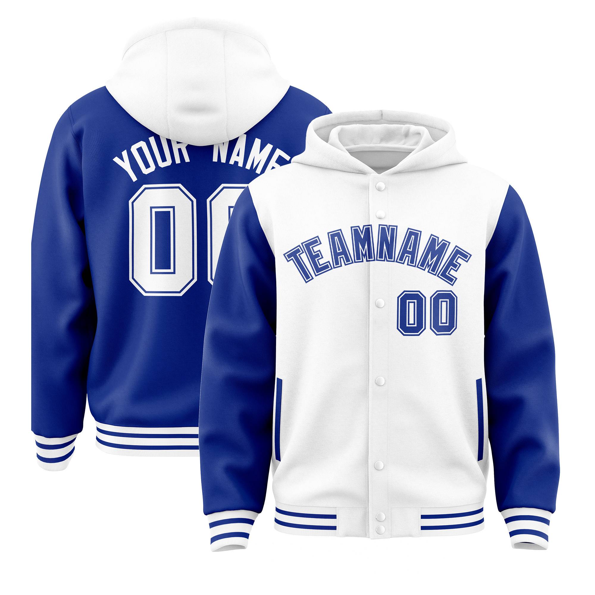 Custom White Royal Raglan Sleeves Varsity Full-Snap Letterman Two Tone Hoodie Jacket