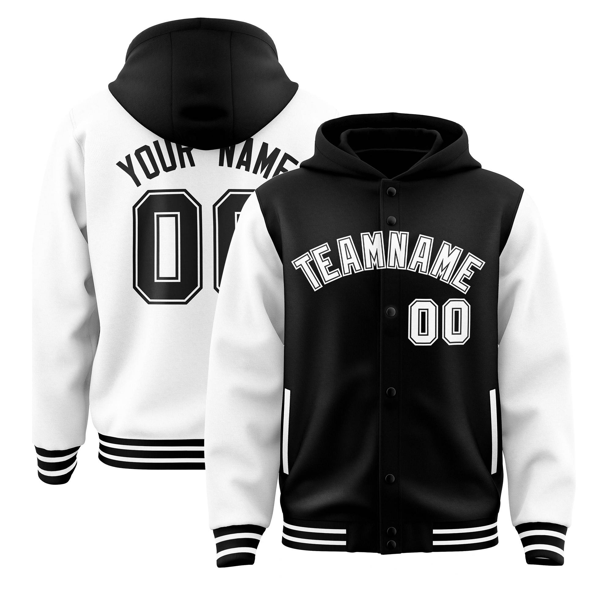 Custom Black White Raglan Sleeves Varsity Full-Snap Letterman Two Tone Hoodie Jacket