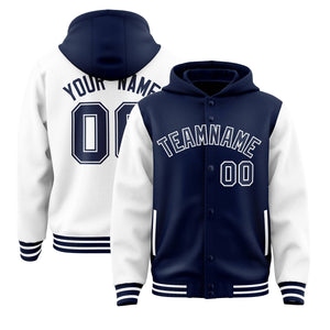 Custom Navy White Raglan Sleeves Varsity Full-Snap Letterman Two Tone Hoodie Jacket