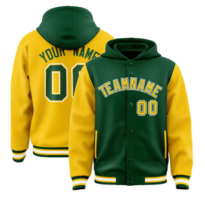 Custom Green Gold Raglan Sleeves Varsity Full-Snap Letterman Two Tone Hoodie Jacket