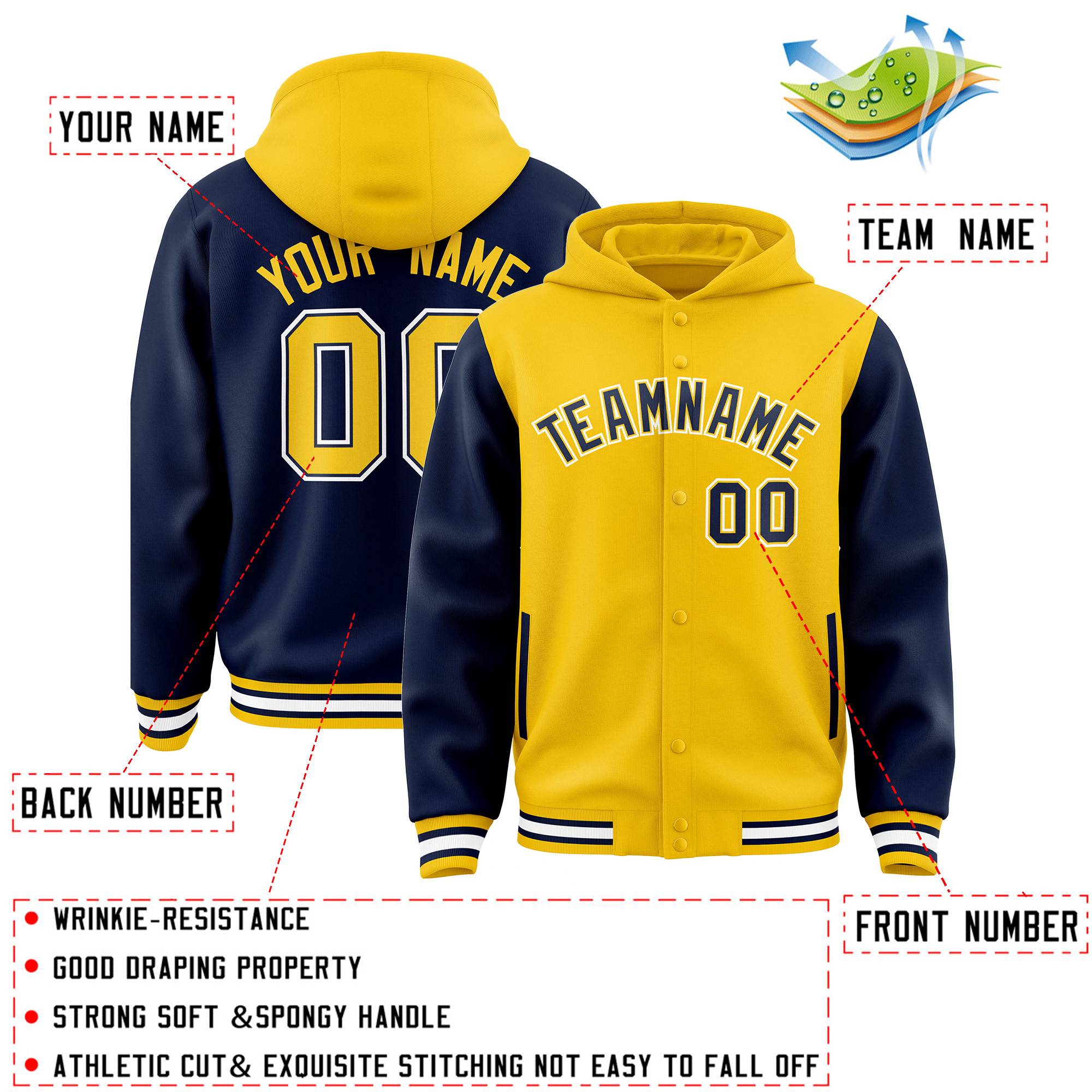 Custom Gold Navy Raglan Sleeves Varsity Full-Snap Letterman Two Tone Hoodie Jacket