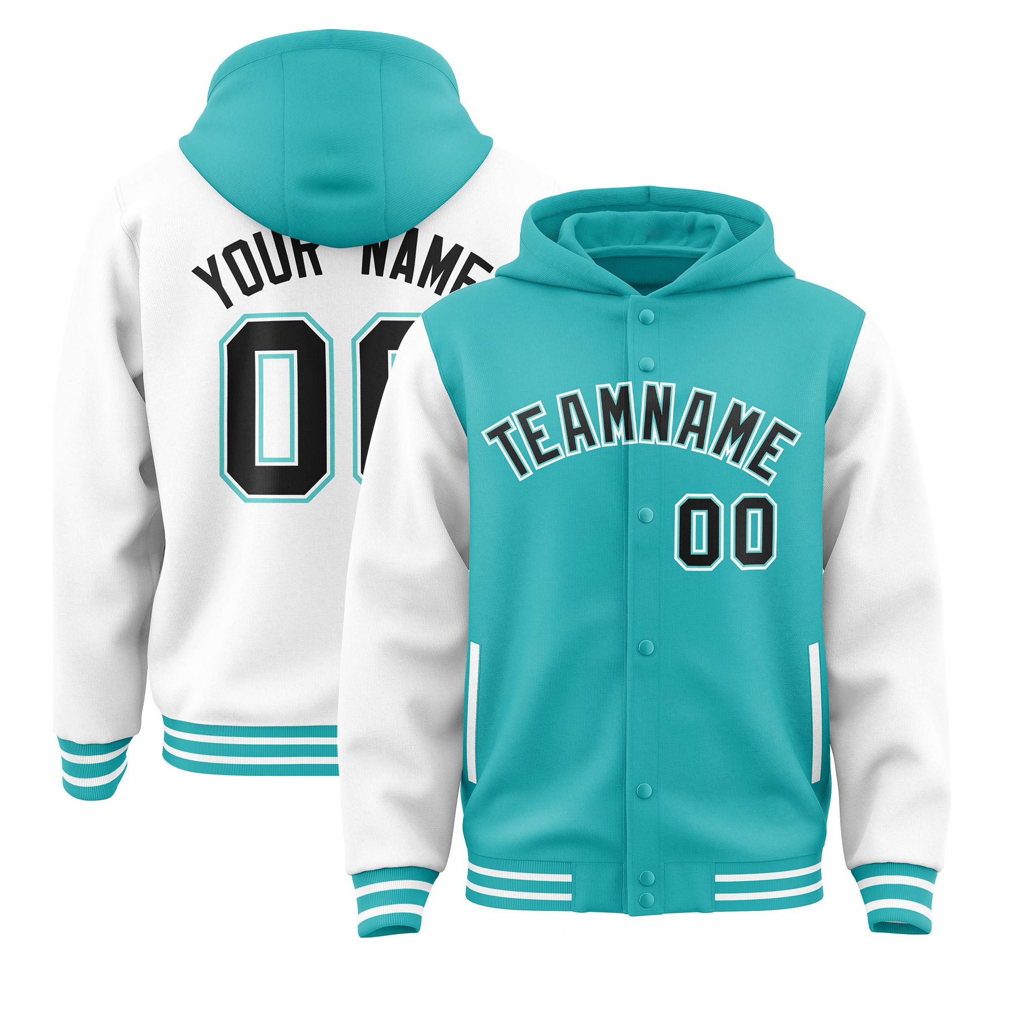 Custom Aqua White Raglan Sleeves Varsity Full-Snap Letterman Two Tone Hoodie Jacket