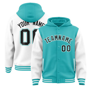 Custom Aqua White Raglan Sleeves Varsity Full-Snap Letterman Two Tone Hoodie Jacket