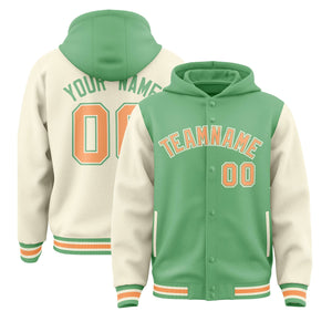 Custom Green Cream Raglan Sleeves Varsity Full-Snap Letterman Two Tone Hoodie Jacket