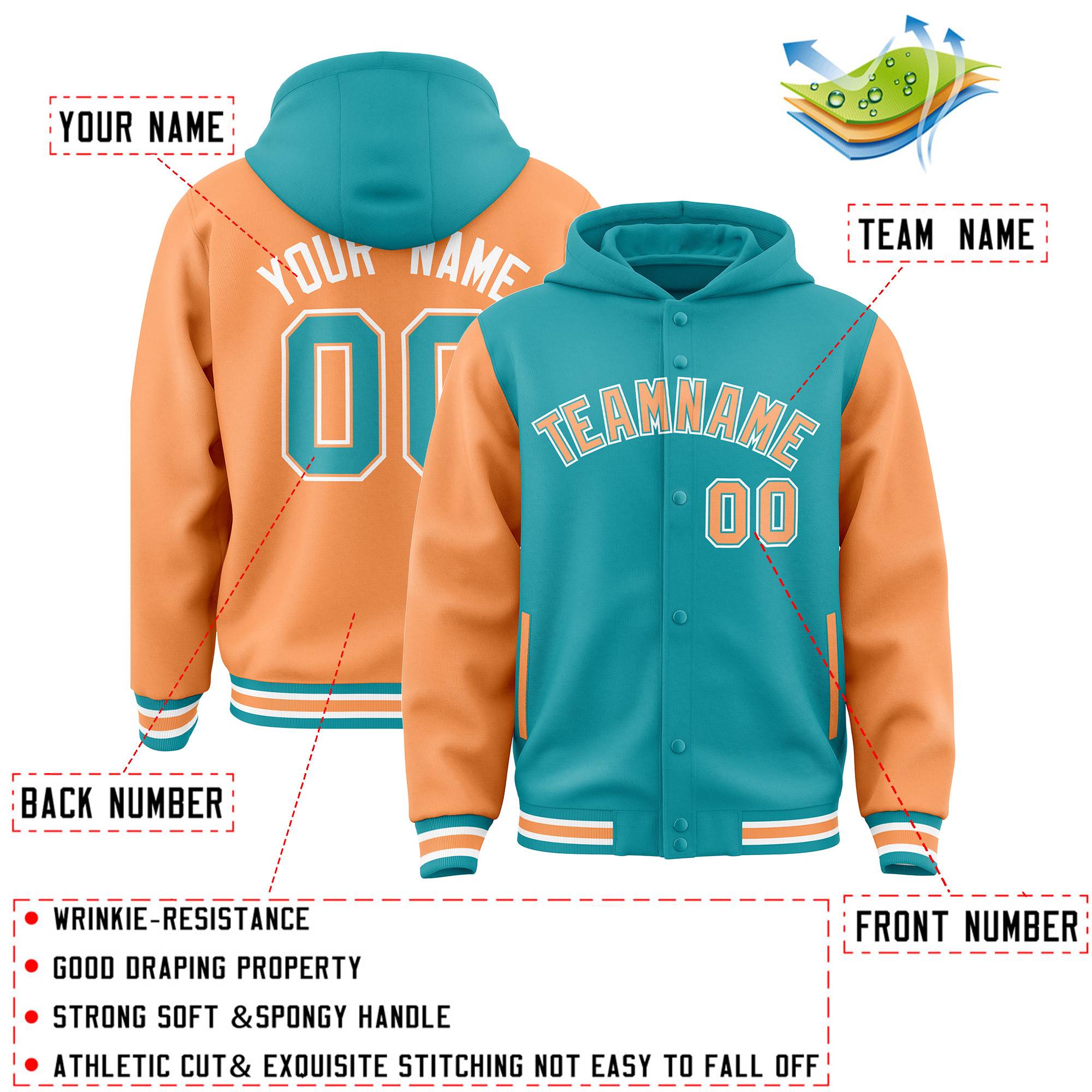 Custom Aqua Orange Raglan Sleeves Varsity Full-Snap Letterman Two Tone Hoodie Jacket