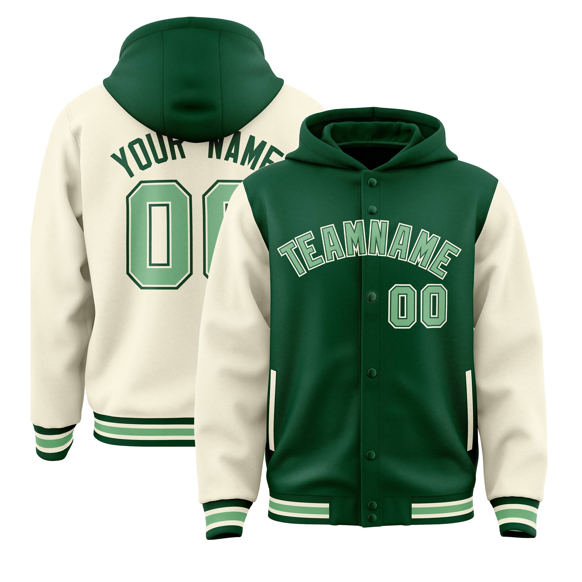 Custom Green Cream Raglan Sleeves Varsity Full-Snap Letterman Two Tone Hoodie Jacket