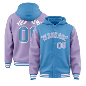 Custom Powder Blue Light Purple Raglan Sleeves Varsity Full-Snap Letterman Two Tone Hoodie Jacket