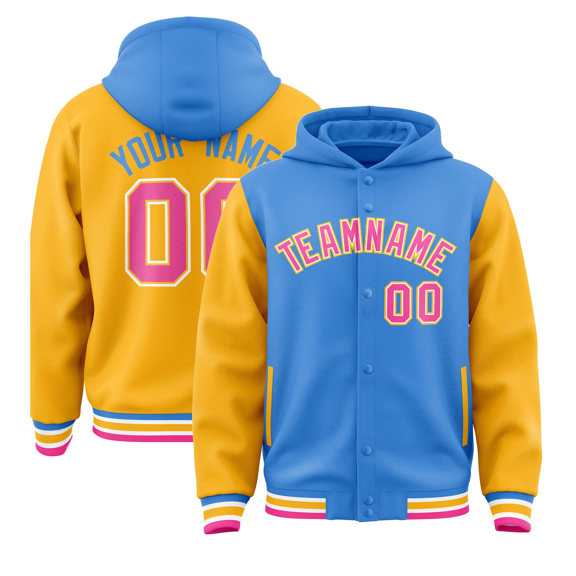 Custom Powder Blue Gold Raglan Sleeves Varsity Full-Snap Letterman Two Tone Hoodie Jacket