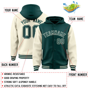 Custom Midnight Green Cream Raglan Sleeves Varsity Full-Snap Letterman Two Tone Hoodie Jacket