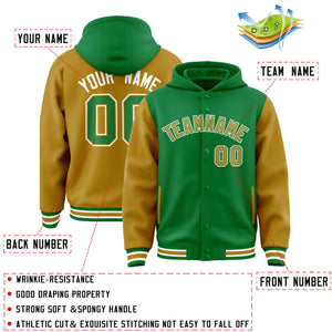 Custom Kelly Green Old Gold Raglan Sleeves Varsity Full-Snap Letterman Two Tone Hoodie Jacket