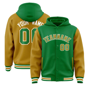 Custom Kelly Green Old Gold Raglan Sleeves Varsity Full-Snap Letterman Two Tone Hoodie Jacket