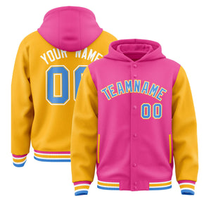 Custom Pink Gold Raglan Sleeves Varsity Full-Snap Letterman Two Tone Hoodie Jacket