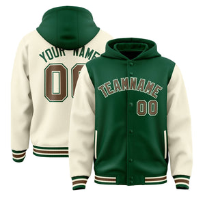 Custom Green Cream Raglan Sleeves Varsity Full-Snap Letterman Two Tone Hoodie Jacket