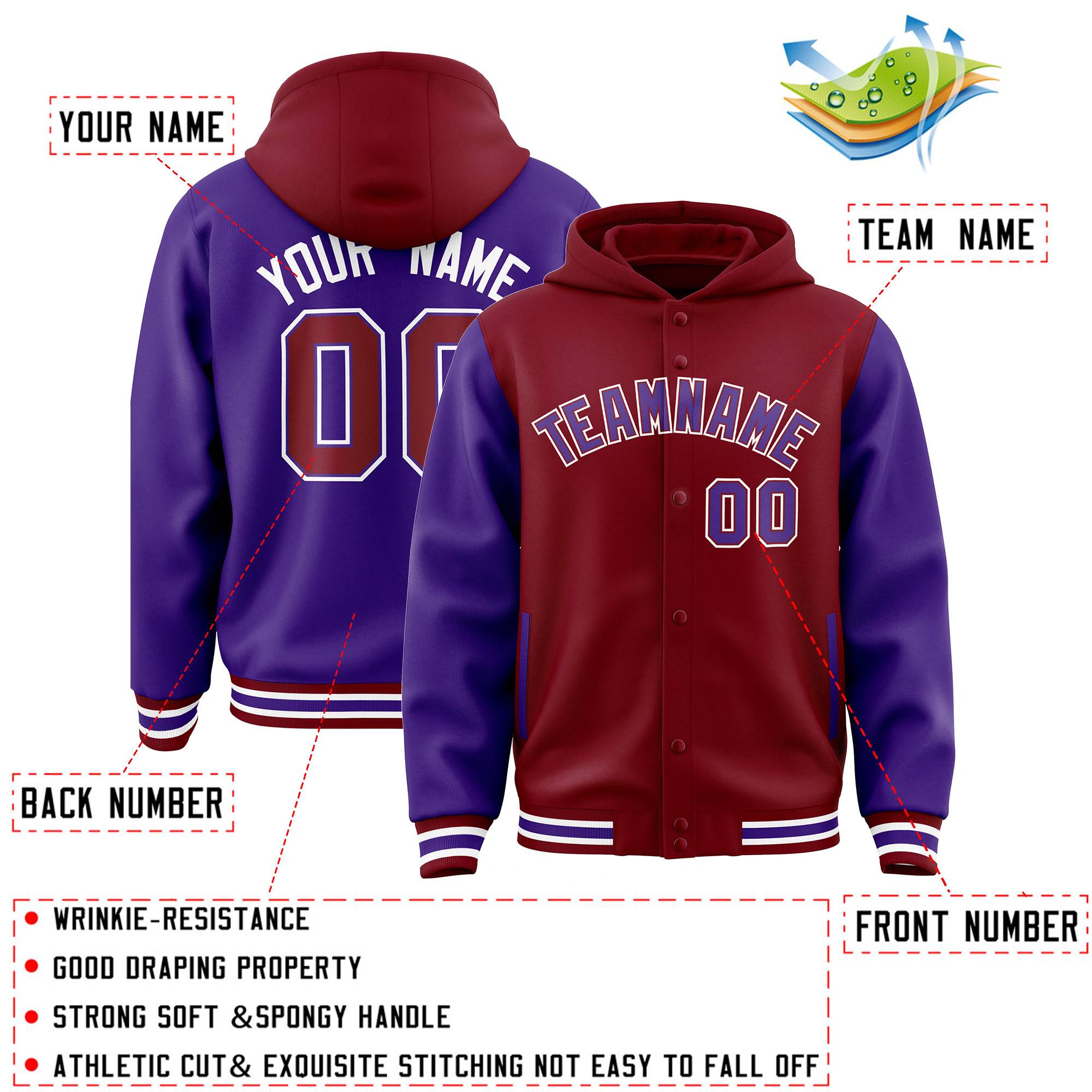 Custom Crimson Purple Raglan Sleeves Varsity Full-Snap Letterman Two Tone Hoodie Jacket