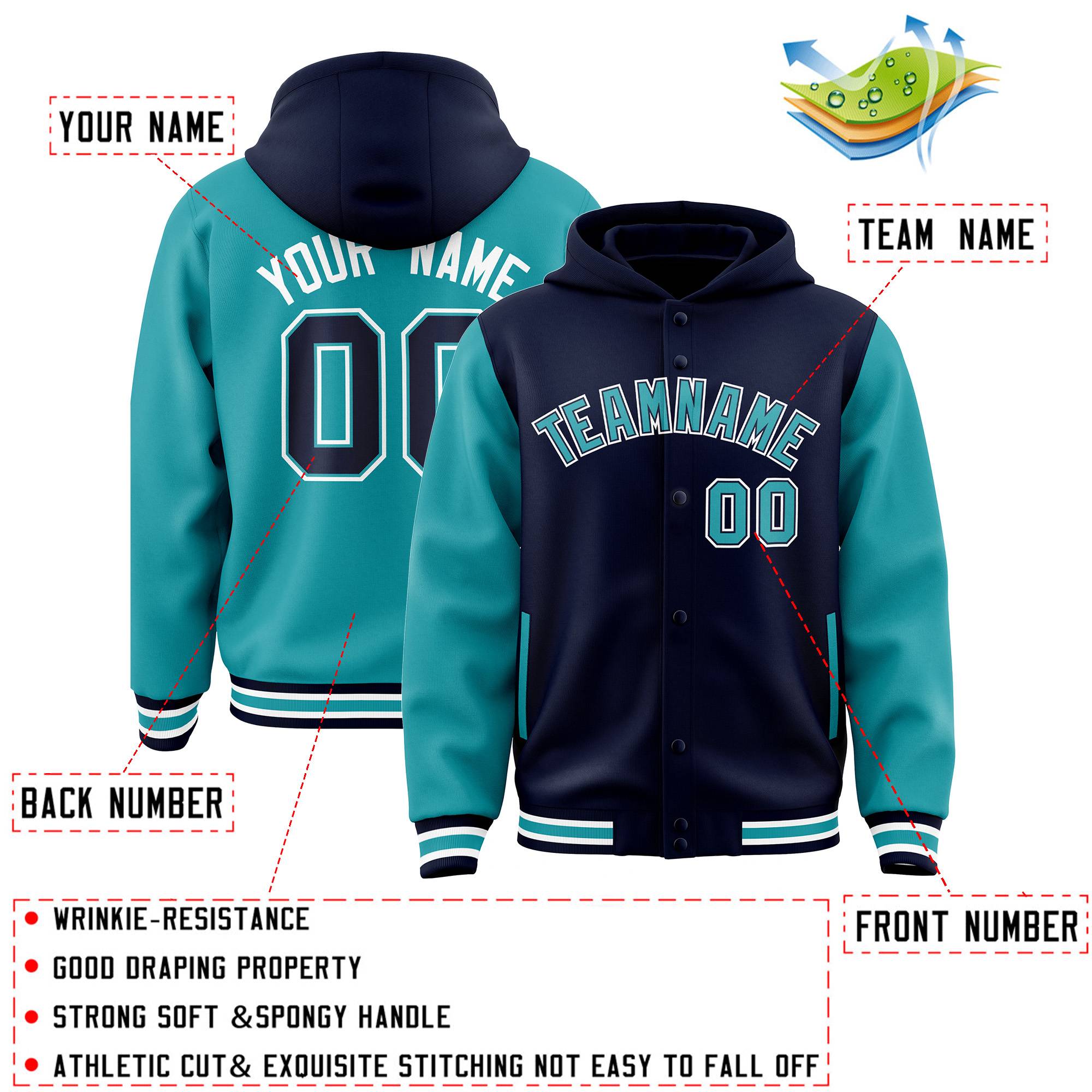 Custom Navy Aqua Raglan Sleeves Varsity Full-Snap Letterman Two Tone Hoodie Jacket