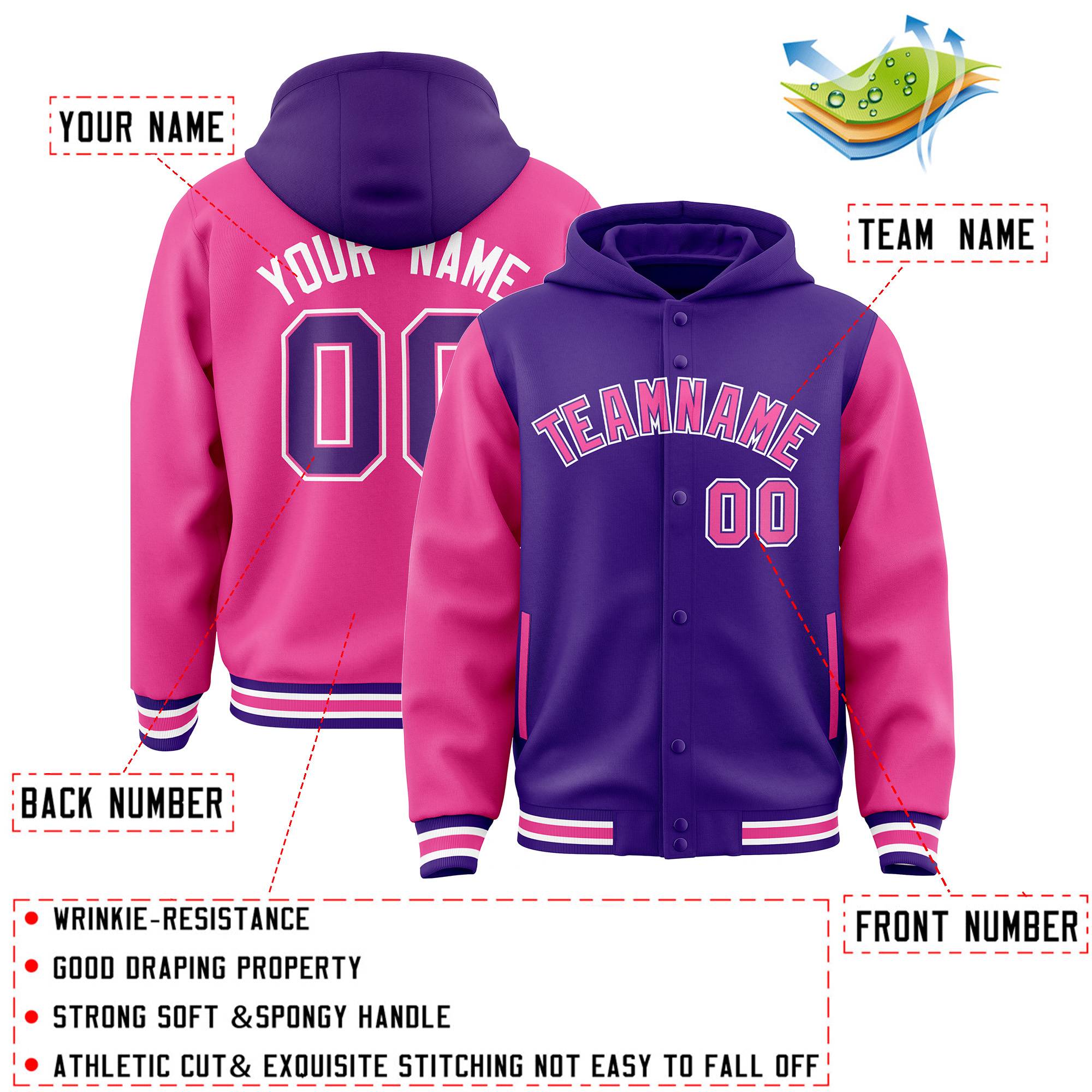 Custom Purple Pink Raglan Sleeves Varsity Full-Snap Letterman Two Tone Hoodie Jacket