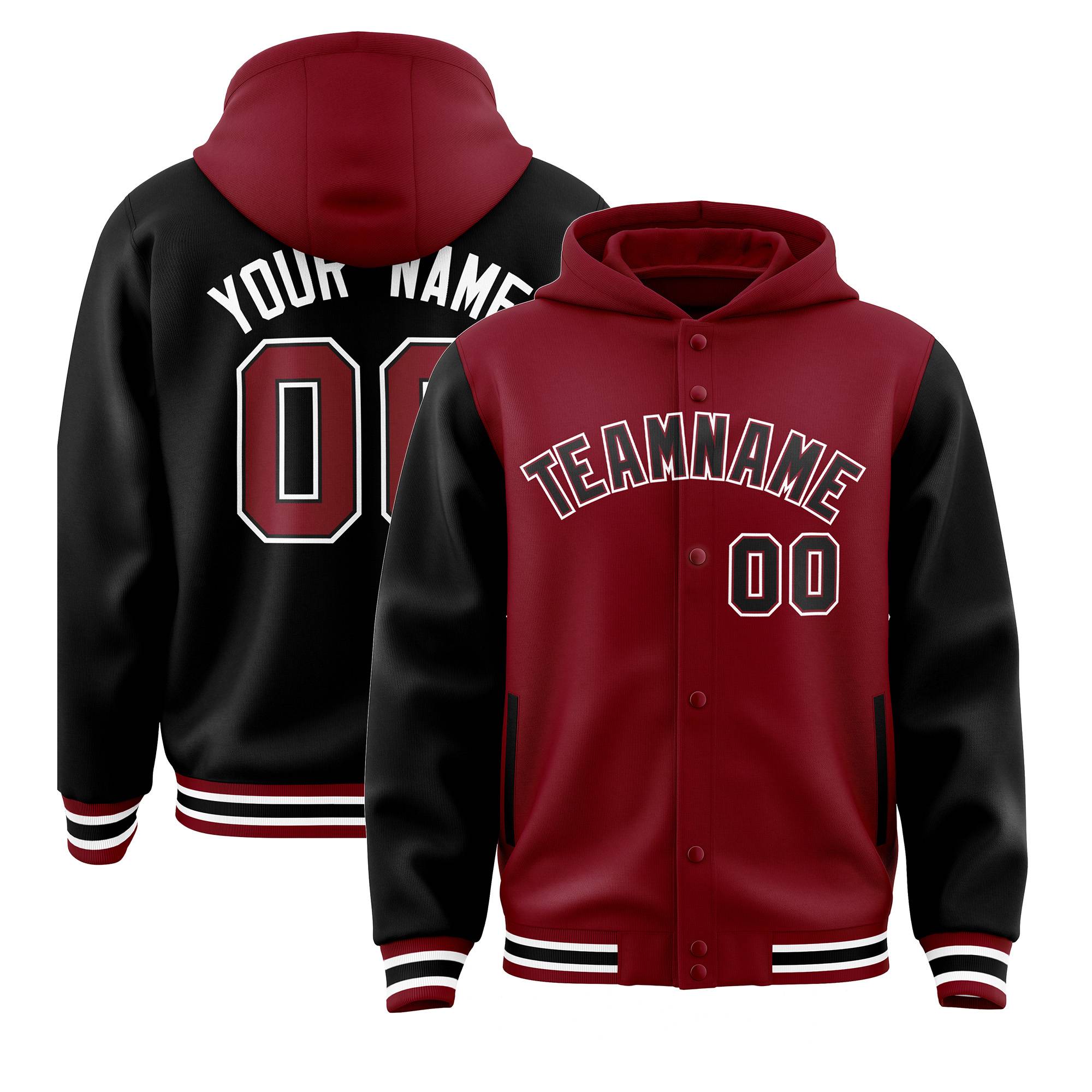 Custom Crimson Black Raglan Sleeves Varsity Full-Snap Letterman Two Tone Hoodie Jacket