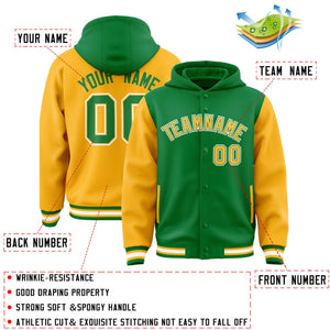 Custom Kelly Green Gold Raglan Sleeves Varsity Full-Snap Letterman Two Tone Hoodie Jacket