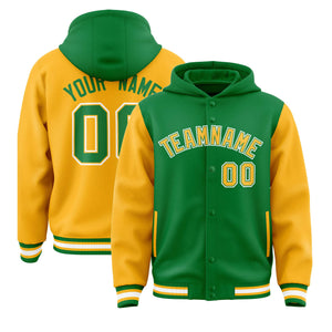 Custom Kelly Green Gold Raglan Sleeves Varsity Full-Snap Letterman Two Tone Hoodie Jacket