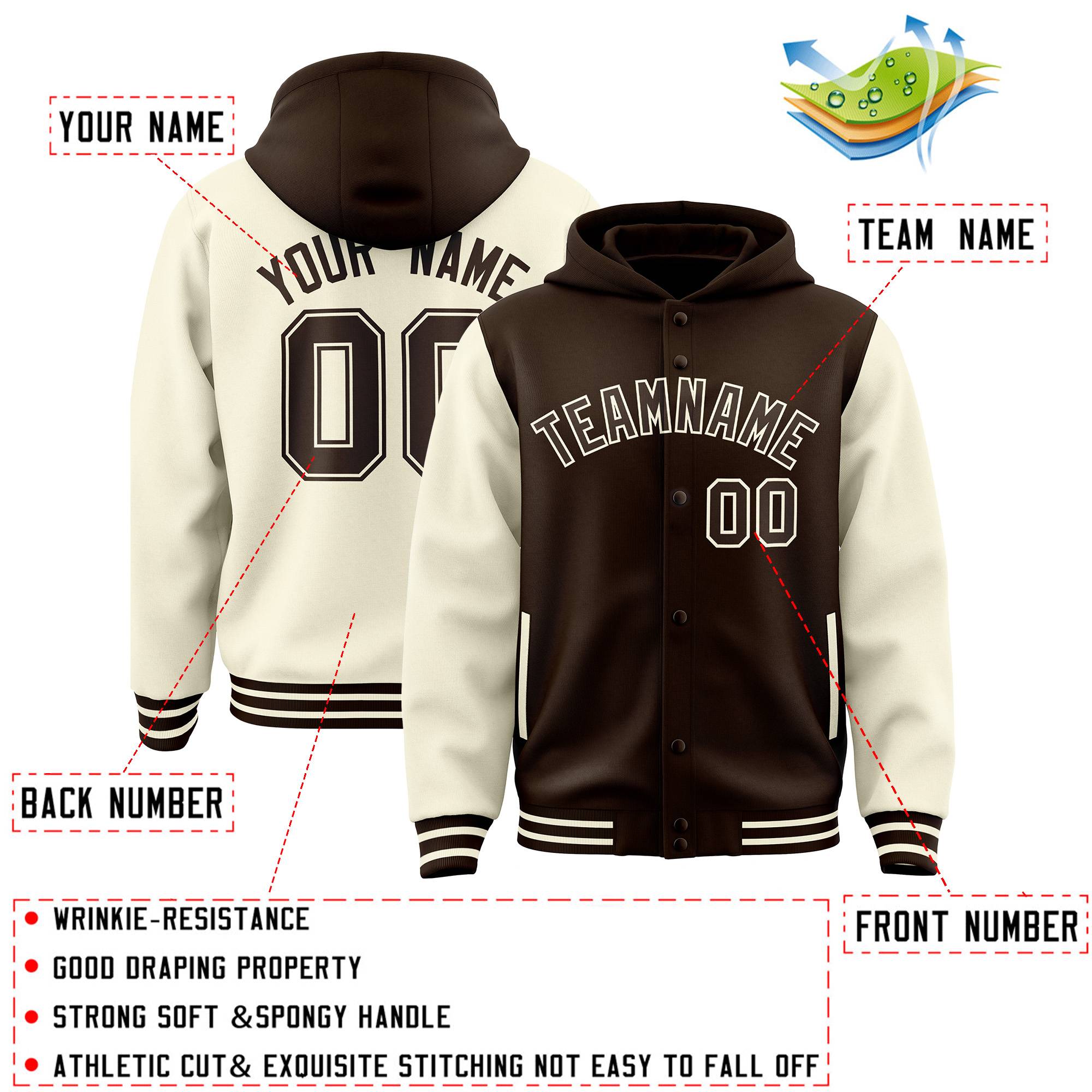 Custom Brown Cream Raglan Sleeves Varsity Full-Snap Letterman Two Tone Hoodie Jacket