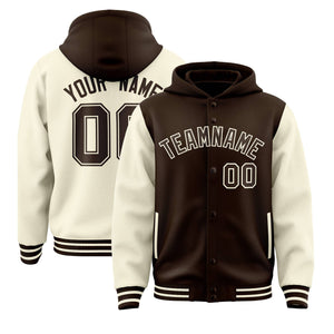 Custom Brown Cream Raglan Sleeves Varsity Full-Snap Letterman Two Tone Hoodie Jacket