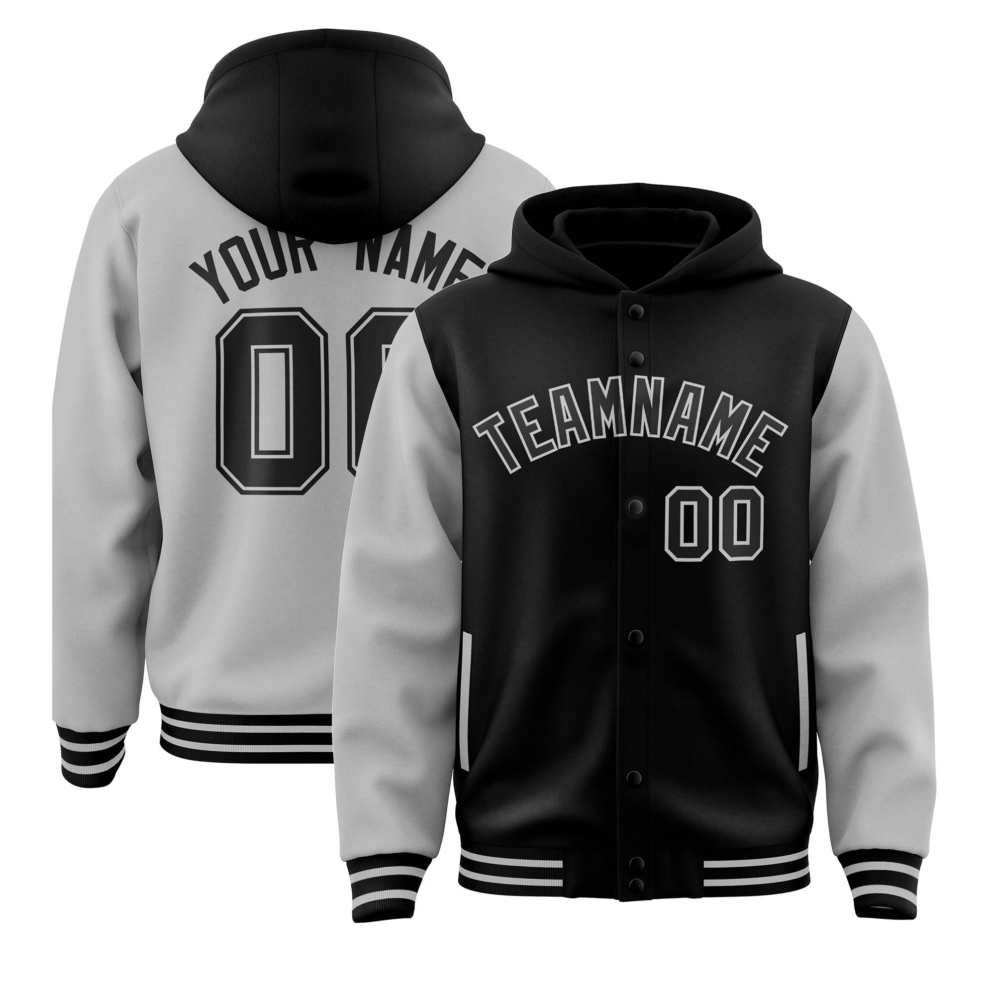 Custom Black Gray Raglan Sleeves Varsity Full-Snap Letterman Two Tone Hoodie Jacket