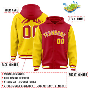 Custom Red Gold Raglan Sleeves Varsity Full-Snap Letterman Two Tone Hoodie Jacket