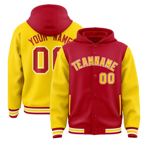 Custom Red Gold Raglan Sleeves Varsity Full-Snap Letterman Two Tone Hoodie Jacket