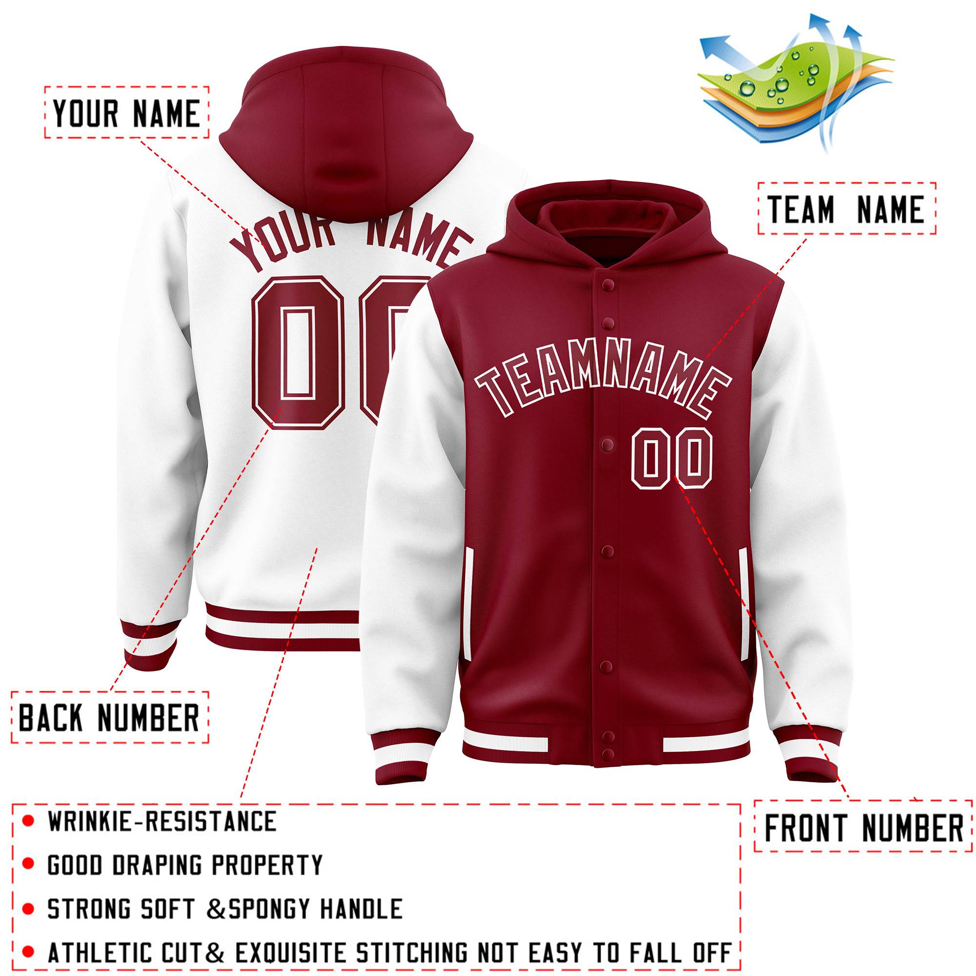 Custom Crimson White Raglan Sleeves Varsity Full-Snap Letterman Two Tone Hoodie Jacket