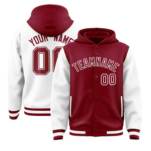 Custom Crimson White Raglan Sleeves Varsity Full-Snap Letterman Two Tone Hoodie Jacket