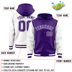 Custom Purple White Raglan Sleeves Varsity Full-Snap Letterman Two Tone Hoodie Jacket