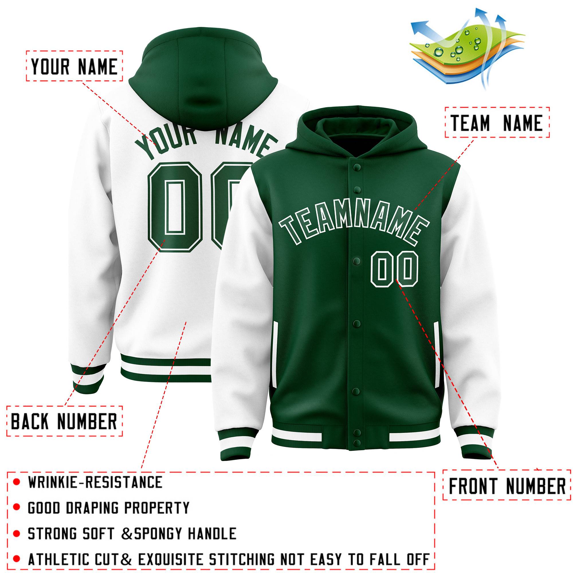 Custom Green White Raglan Sleeves Varsity Full-Snap Letterman Two Tone Hoodie Jacket