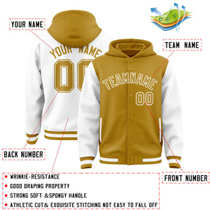 Custom Old Gold White Raglan Sleeves Varsity Full-Snap Letterman Two Tone Hoodie Jacket