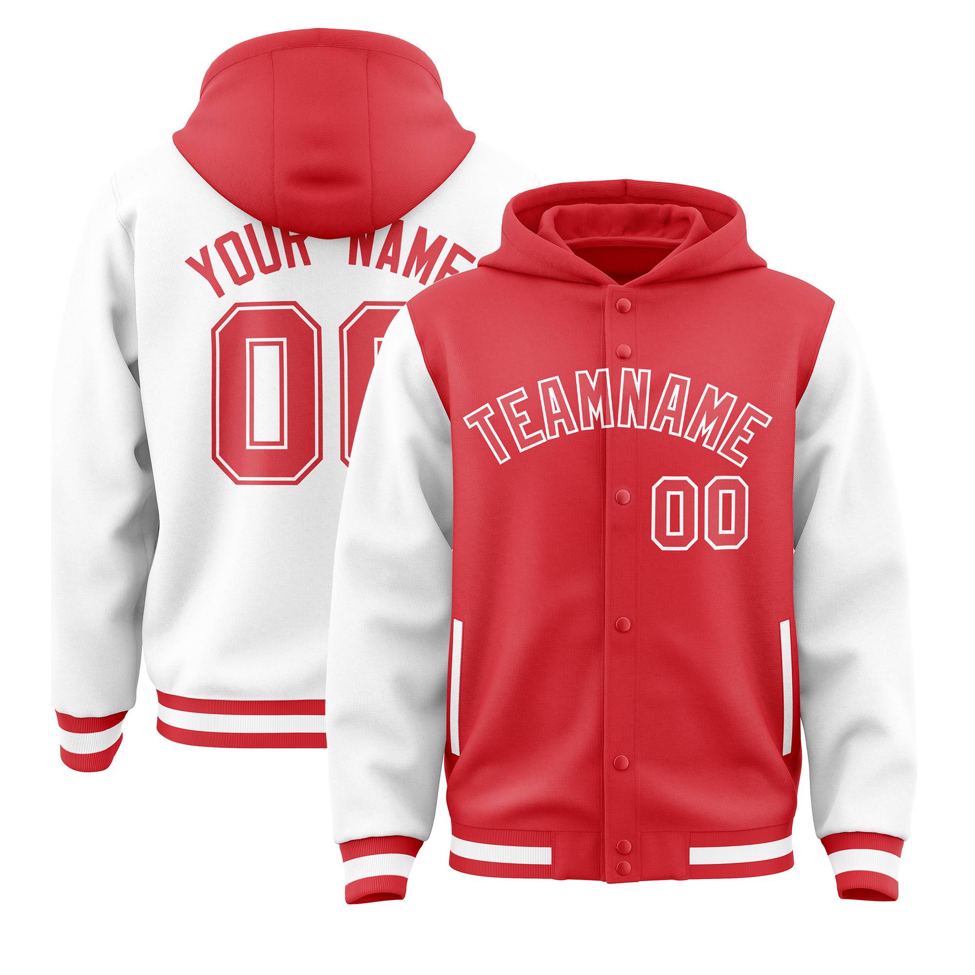 Custom Light Red White Raglan Sleeves Varsity Full-Snap Letterman Two Tone Hoodie Jacket